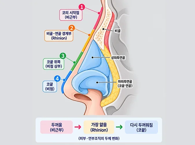 일반 코성형과 비순각코성형의 코끝·비주·인중 측면 라인 비교