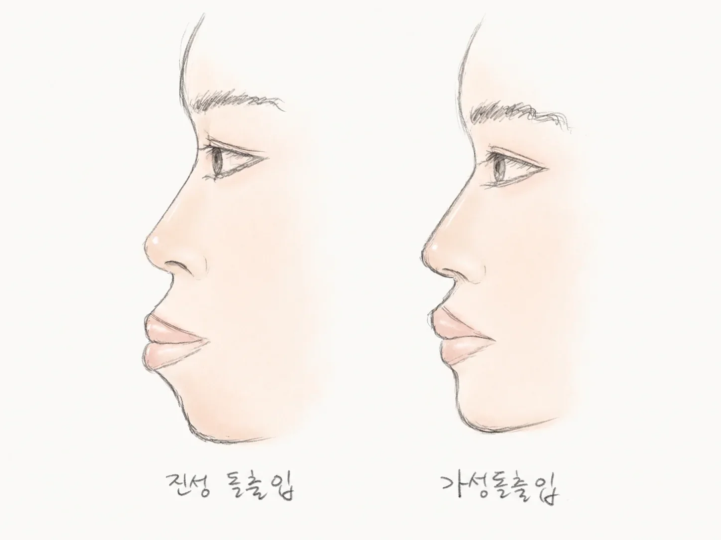 진성 돌출입과 가성 돌출입의 측면 비교 일러스트