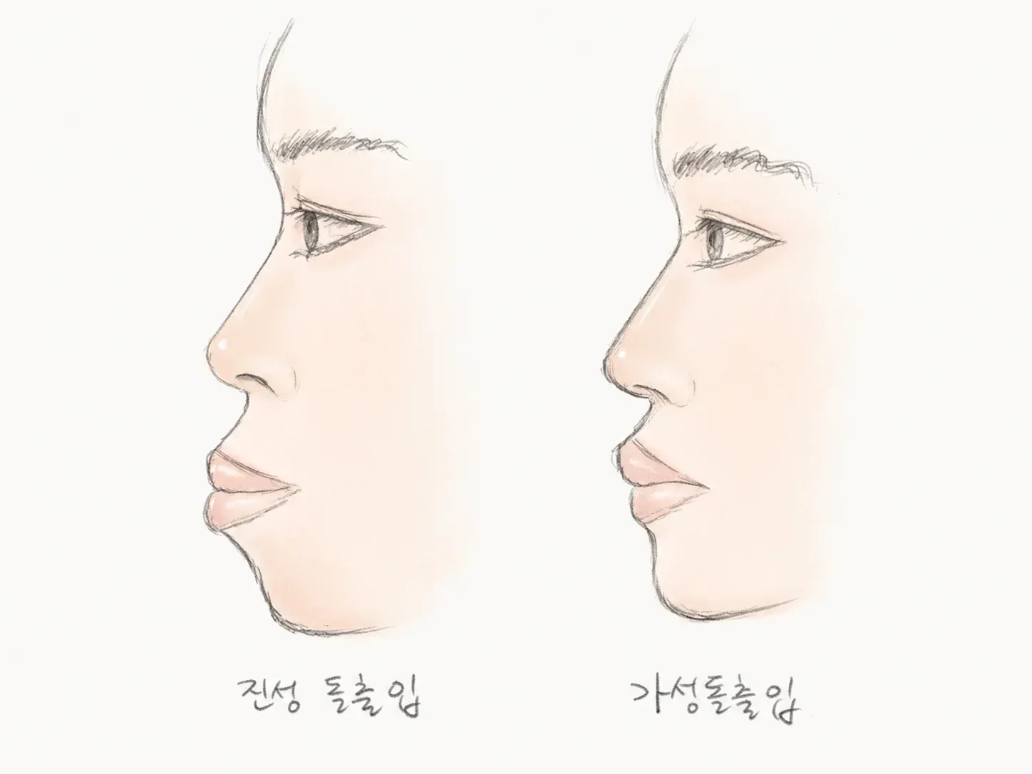 진성 돌출입과 가성 돌출입의 측면 비교 일러스트